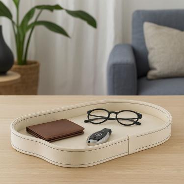 Imagem de Bandeja Beatrice para Decorar e Organizar Ambientes com Design Orgânico e Costura Aparente Bege Hara