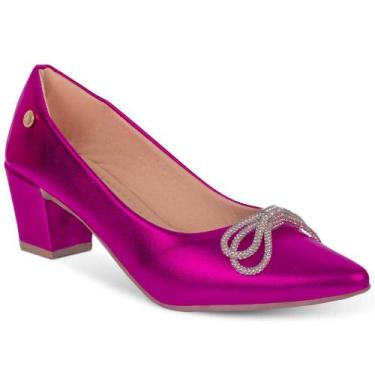 Imagem de Sapato Scarpin Feminino Brilho Metalizado Bico Fino Salto Alto Bloco Q