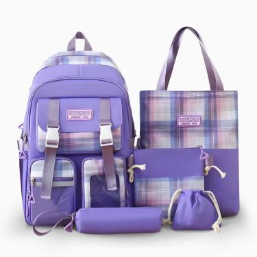 Imagem de Kit Mochila Feminina Estoquee 5 Peças Xadrez Tecido Resistente Roxo para Escola Faculdade Viagens Dia a Dia