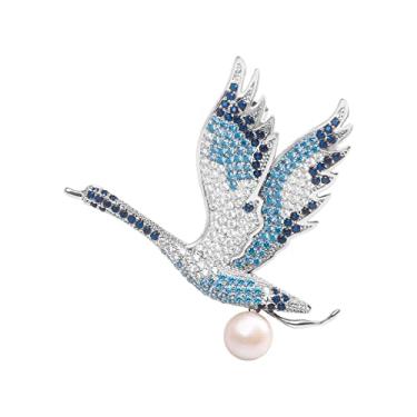 Imagem de YYSuniee Elementos chineses broche de guindaste de animal elegante cobre zircônia cúbica broches pinos com uma pérola falsa redonda para mulheres homens presente, Latão, imitação de pérola Zircônia cúbica