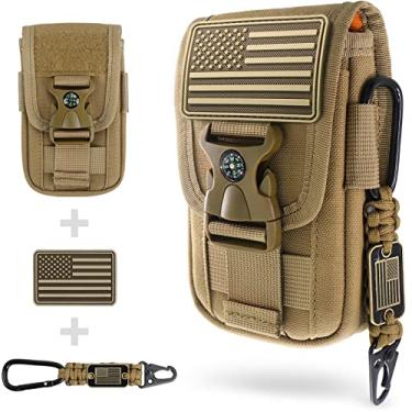Imagem de WYNEX Bolsa tática para celular Molle com fivela de bússola, coldre tático para celular Molle, bolsa universal para cinto para IP 15/14/13 Pro Max/S22/S21 com patch dos EUA e clipe de chaveiro