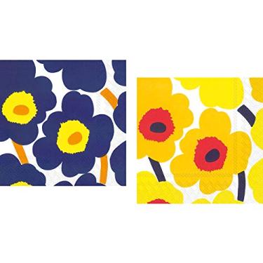 Imagem de Pacote de guardanapos de papel de coquetel com 3 camadas da Ideal Home Range Marimekko Unikkkkko, 20 unidades Unikko azul escuro e 20 unickko amarelo escuro