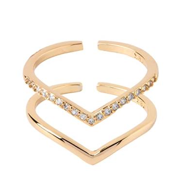 Imagem de BZEBI 2 anéis empilháveis ajustáveis Chevron clássico em forma de V banhado a ouro 18 quilates anel de zircônia cúbica para mulheres meninas empilhar joias presente, Metal não precioso, Zircônia cúbica