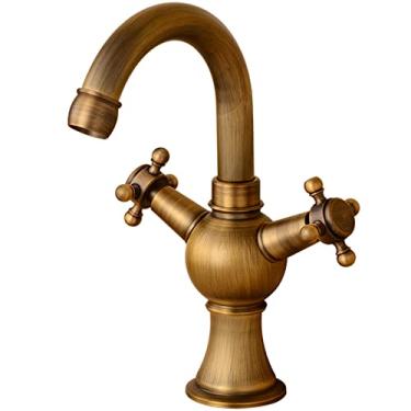 Imagem de LIDON Torneira da pia do banheiro Torneira de água quente e fria Torneira de alça dupla Torneira da pia do banheiro Latão antigo Torneira de cozinha antiga Latão para banheiro, B antigo (Cor: Antique B)