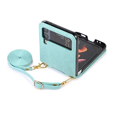 Imagem de Capa de telefone transversal simples para Samsung Galaxy Z Flip 4 3 5G compartimento para cartões de crédito capa traseira de couro com cordão, azul, para Galaxy Z Flip3 5G