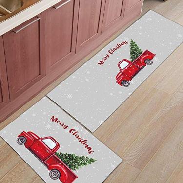 Imagem de Tapete de corredor de cozinha, Feliz Natal, desenho de caminhão vermelho, verde, árvore flocos de neve, cinza, tapete de corredor, tapete de porta, tapete para lavanderia, banheiro, quarto, conjunto de 2