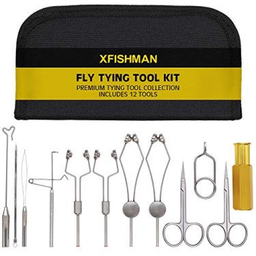 Imagem de Kit de ferramentas para amarrar moscas XFisman 7-8-12 em 1 com tesouras Bobbin Finisher Vise Hackle Hair Stacker Fly Fishing Tying Tools Set ..., B Premium 12 in 1 Fly Tying Tools Kit