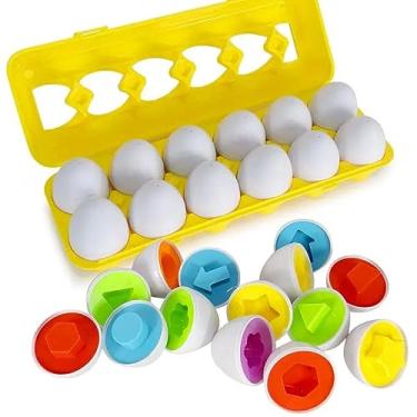 Imagem de Brinquedo Educativo Divertido Montessori Infantil Caixa de Ovos De Encaixar Formas Geométricas e Cores (Caixa com 12 unidades)