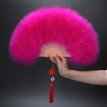 Imagem de Leque dobrável elegante ventilador dobrável de veludo completo leque de penas brancas coloridas nó chinês ventilador de mão fada menina dança decoração de festa de casamento acessórios decorativos feitos à mão (cor: 03)