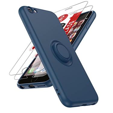 Imagem de LeYi Capa para iPhone 6/iPhone 6s com protetor de tela de vidro temperado [2 unidades], capa protetora de corpo inteiro de silicone líquido macio com suporte de anel, capa macia para meninas e mulheres, azul