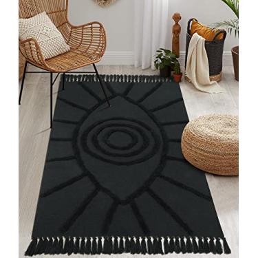 Imagem de Uphome Boho Area Rug 9,5 x 1,5 m lavável olho turco tapete de quarto com borlas tapete de entrada tecido de algodão macio moderno minimalista cinza escuro tapete para casa, sala de estar, cozinha