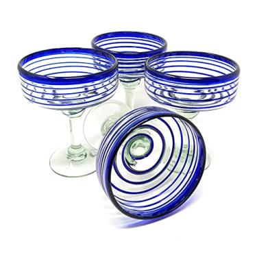 Imagem de Mexican Hand Blown Glass - Set of 4 Hand Blown Margarita Glasses (16 oz) with Blue Spiral Design