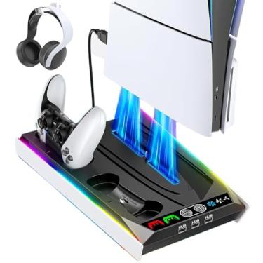 Imagem de Suporte para PS5 Slim/PS5, Estação de Resfriamento de 3 Níveis e LED RGB, com Carregador de Controlador, para PS5 e Edge Controller, Acessório PS5 com 3 Portas de Carregamento.