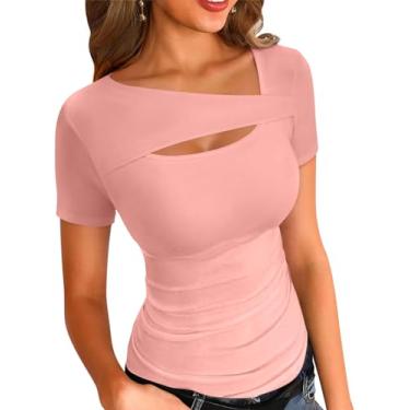Imagem de Tankaneo Camisetas femininas sexy recortadas de manga curta caneladas para encontros noturnos slim fit camisetas básicas, rosa, XXG