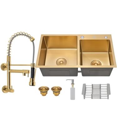 Imagem de HOLTTER, Kit Cuba Dupla Aço Inox 304 Torneira Gourmet Flexível Cuba Dupla Gourmet com Acessórios Aço Inox Torneira de Bancada Monocomando Torneira Parede Flexível (Parede, Dourado)
