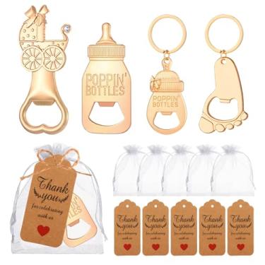 Imagem de 24 peças Pegada de bebê Keycahin abridor de mamadeiras abridor de mamadeiras Poppin garrafas de chá de bebê lembranças com cartões abridor de garrafas em forma de carrinho de bebê para meninas