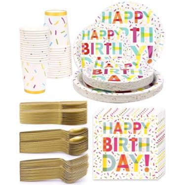 Imagem de Conjunto de 210 peças de artigos de festa, pratos de papel para festa de feliz aniversário, copos e guardanapos com facas de plástico, garfos, colheres, utensílios de jantar descartáveis para 30