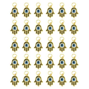 Imagem de JIALEEY Amuletos de mão Hamsa 30 peças de pingentes dourados antigos de "olho turco" para fazer joias, colar e pulseira DIY, Liga metálica, Liga metálica.