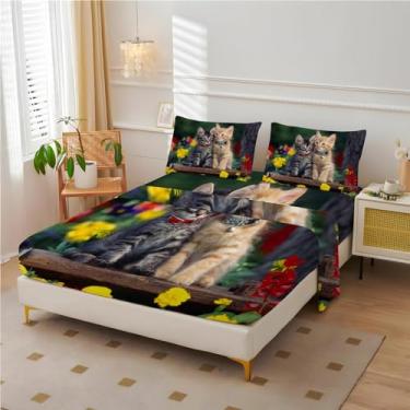 Imagem de Jogo de lençol de cama California King de gato laranja - Lençóis de cama Civet, microfibra macia, bolso profundo e sem vincos e fronhas 4 peças