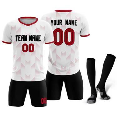 Imagem de Short de futebol personalizado para homens e mulheres, crianças, nome, número, equipe, uniforme, camisa de futebol, Branco/preto 15, Tamanho Único