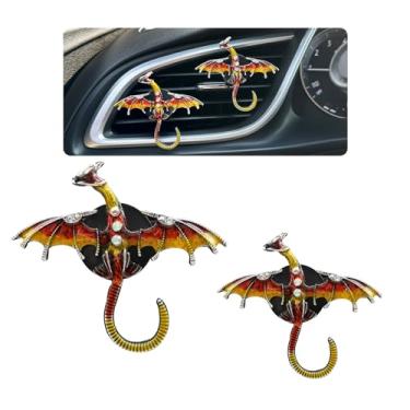 Imagem de ORIESSE Acessórios de carro Dargon, clipes de ventilação de ar de dragão de fogo, ambientador de carro, 2 peças de decorações de painel Wyvern esmalte vermelho amarelo brilhante, difusor de tomada