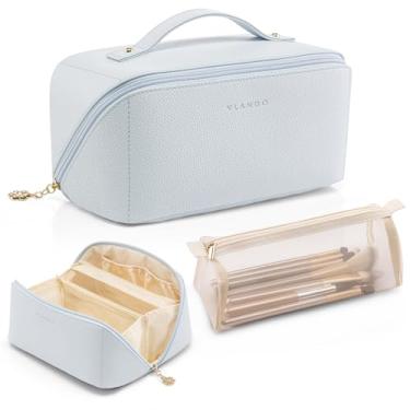 Imagem de Vlando Bolsa de maquiagem, bolsa de higiene pessoal de grande capacidade para mulheres, impermeável, portátil, bolsa de maquiagem de couro sintético (azul bebê)