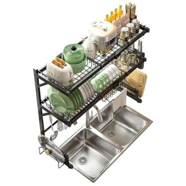 Imagem de Prateleiras de secagem de louças sobre a pia, aço carbono 3 níveis grande capacidade acima da pia escorredor ajustável, prateleira expansível sobre a pia com utensílios
