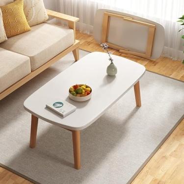 Imagem de Mesa de centro oval de madeira de meados do século, mesa dobrável para sala de estar, pernas de madeira maciça, mesa lateral de sofá pequena, mesa multifuncional de lazer para quarto, sem montagem