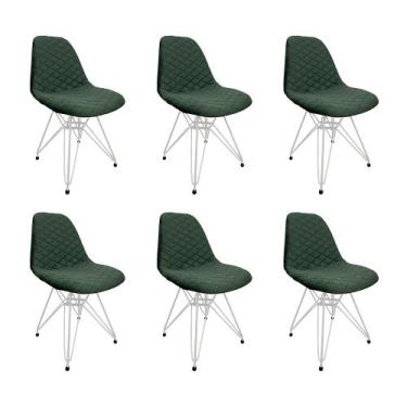 Imagem de Kit 6 Cadeiras Jantar Estofadas Verde Eiffel Eames Base Ferro Branco -