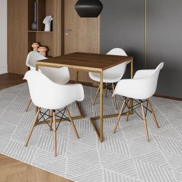 Imagem de Mesa Jantar Industrial Quadrada 90cm Amêndoa Base V Dourada com 4 Polt