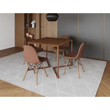 Imagem de Mesa Jantar Industrial Base Cobre V 90cm Quadrada Amêndoa C/ 4 Cadeira