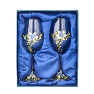 Imagem de MEIGLQEA Conjunto de 2 taças de vinho, flores esmaltadas feitas à mão, taças de vinho vermelhas e brancas, lindas taças florais com caixa de presente para mulheres, esposa, mãe, amigas, mães (azul)