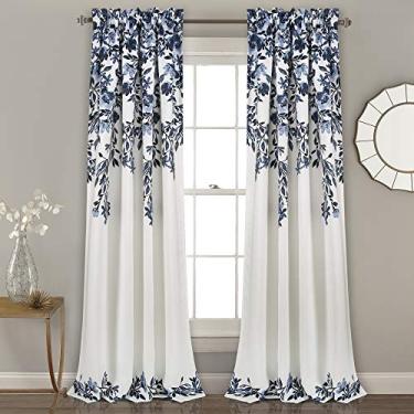 Imagem de Lush Decor Cortinas Tanisha - Conjunto de painel de janela com filtro de luz, par - estampa floral de videira, decoração de casa bonita, moderna e elegante - 132 cm L x 213 cm C, azul marinho e branco
