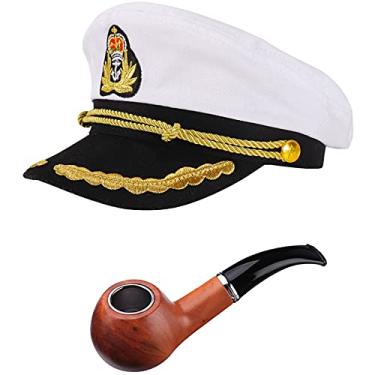 Imagem de Ibeauti Fantasia de capitão ajustável para adultos unissex chapéu de almirante cosplay boné marinheiro, Tampa branca + cachimbo, M