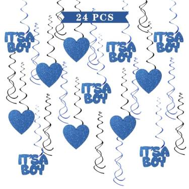 Imagem de Maicaiffe Decorações de redemoinho para pendurar It's a Boy - Glitter 24 peças de artigos de festa para revelação de gênero - serpentinas de chá de bebê - Welcome Baby Boy 1st Birthday Party Swirls