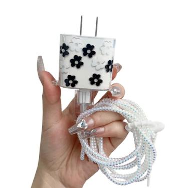 Imagem de Faneiy Capa protetora para carregador adaptador de alimentação USB-C 20W Apple com capa de cabo Lightning USB, flores fofas, florais, cabo de dados, carregador, linha de dados, fone de ouvido,