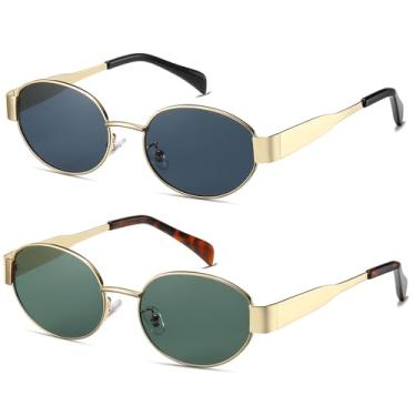 Imagem de Hanj Óculos de sol vintage anos 90 para mulheres e homens, óculos de sol ovais retrô armação redonda dourada, Pacote Duo Gold: cinza e verde, 55mm