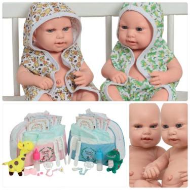 Imagem de 2 Bebê Reborn Recém Nascidos Menino Menina Roupão Pelúcia - Cegonha Re