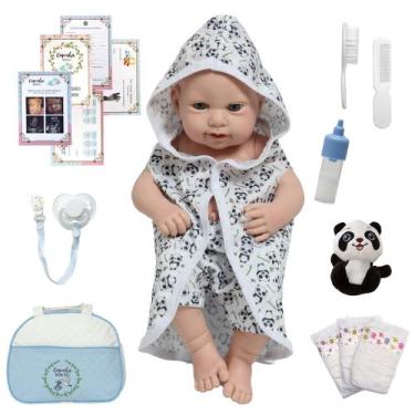 Imagem de Bebê Reborn Masculino Com Roupão Panda Bolsa Kit Acessórios - Cegonha 