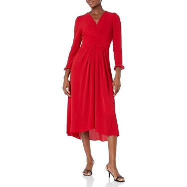 Imagem de Maggy London Vestido midi com decote em V e cintura franzida e detalhes de babados, Longo Slv - Vermelho equestre, 42