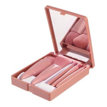 Imagem de Estojo de 5 Pincéis de Maquiagem Portátil Com Espelho Cor Rosa Conjunt
