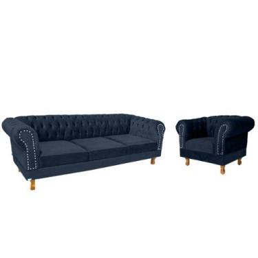 Imagem de Um Sofá 2.30m + Uma Poltrona Chesterfield Duque Suede - Azul Marinho /