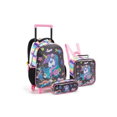 Imagem de Kit Mochila Rodinha Unicornio Confete Escolar Meninas - Seanite, Preta