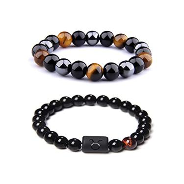 Imagem de CSIYANJRY99 Pulseiras do zodíaco para homens e mulheres, presentes do signo do zodíaco, 12 constelações, horóscopo de 8 mm, obsidiana natural, hematita, ônix, olho de tigre, pulseira elástica, 7.5