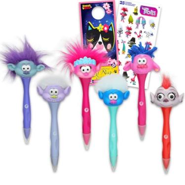 Imagem de Conjunto de canetas Trolls – Pacote com 6 canetas Trolls e adesivos Trolls para crianças | Acessórios de mesa Trolls para meninos e meninas (os estilos podem variar)