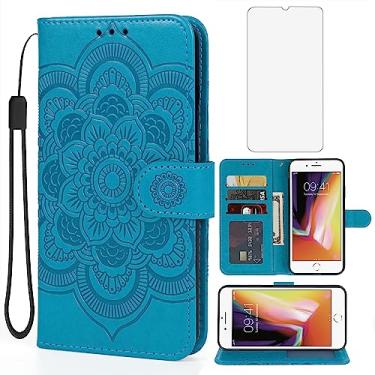 Imagem de Bohefo Capa para iPhone 6, capa carteira para iPhone 6S com protetor de tela de vidro temperado, capa flip de couro mandala em relevo com suporte para cartão de crédito para Apple iPhone 6 azul