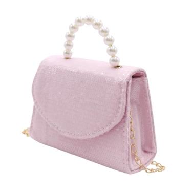 Imagem de BOLLEY JOSS Mini bolsa infantil de lantejoulas para meninas com alça de pérola, corrente dourada, bolsas transversais fofas para crianças pequenas, rosa, One Size