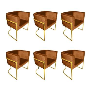 Imagem de Kit 6 Poltronas Decorativa Sala De Estar Base De Ferro Dourada Veludo Terracota Laranja
