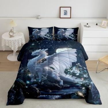 Imagem de Jogo de cama casal dragão para crianças, adultos, selvagem, lua e vida selvagem, decoração de quarto de meninos, conjunto de edredom botânico de folhas selvagens, 3 peças, enchimento de edredom