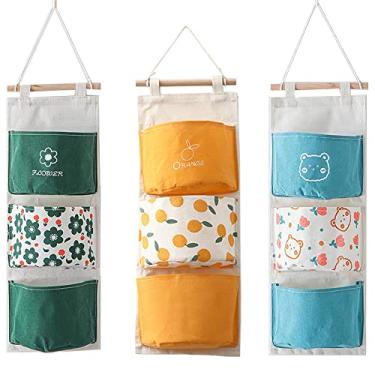 Imagem de Bolsa de armazenamento para pendurar no armário de parede, organizador KINGREE de tecido de linho premium sobre a porta, bolsas de armazenamento penduradas com 3 bolsos para banheiro do quarto - à prova d'água e elegante (flores)